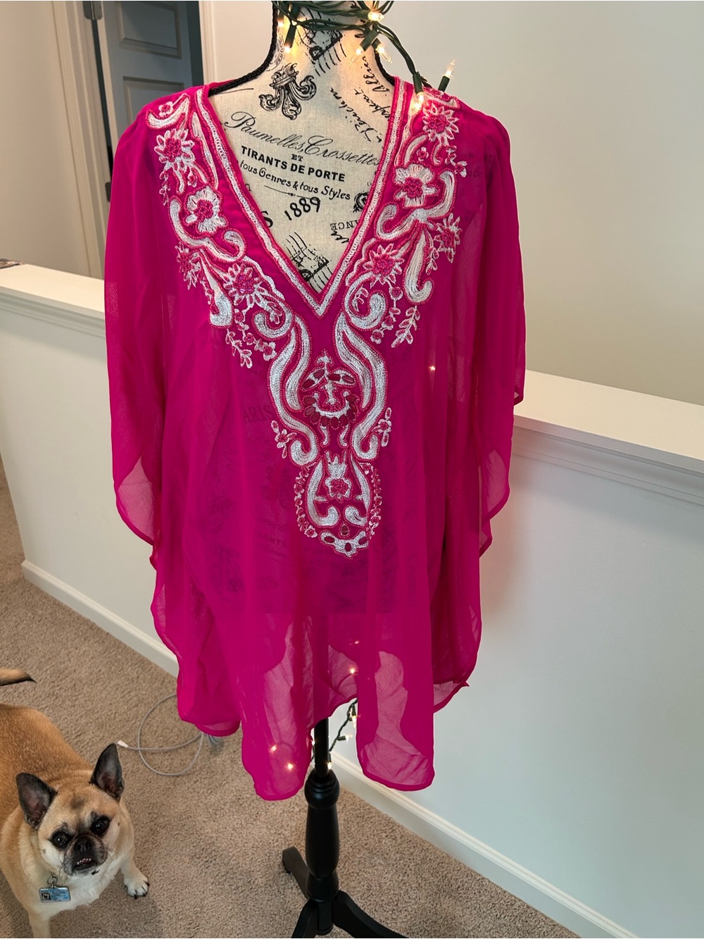 Spiaggia Dolce Hot Pink Embroidered V-Neck Sheer Tunic L/XL - Picture 5 of 10